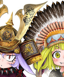  2girls absurdres animal_ears armor blonde_hair collar dog_child_(doitsuken) dog_ears doitsuken feathers fox_child_(doitsuken) fox_ears fox_girl headdress helmet highres japanese_armor kabuto_(helmet) lolicon multiple_girls native_american_headdress oerba_yun_fang original ornate_armor purple_hair red_eyes short_hair simple_background slit_pupils spiked_collar spikes white_background wolf yellow_eyes 