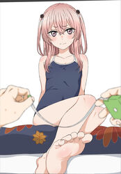  1boy bad_id bad_pixiv_id barefoot black_flower black_rose blue_one-piece_swimsuit blush breasts commentary_request competition_school_swimsuit crossed_bangs embarrassed feet female flower foot_focus foreshortening hair_between_eyes hair_flower hair_ornament highres inui_sajuna long_hair nnyu one-piece_swimsuit pink_eyes pink_hair pov pov_hands rose school_swimsuit sitting small_breasts soles solo_focus sono_bisque_doll_wa_koi_wo_suru sweatdrop swimsuit tape_measure toes white_background 