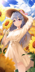  :d absurdres arm_up bare_shoulders blush bra_strap breasts brown_hat cloud cloudy_sky collarbone cowboy_shot day dress female flower grey_hair hand_on_headwear hat highres holding holding_flower ine_(vtuber) k.j. lens_flare long_hair long_sleeves medium_breasts off-shoulder_dress off_shoulder outdoors parted_lips purple_eyes sky smile solo standing sun_hat sunflower sunlight very_long_hair virtual_youtuber waktaverse yellow_dress yellow_flower 