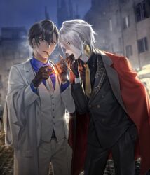  2boys alternate_costume alternate_hairstyle arjuna_(fate) arjuna_(formal_dress)_(fate) bishounen black_hair brown_eyes cigarette collared_shirt fate/apocrypha fate/grand_order fate_(series) gloves hand_in_pocket jacket jacket_on_shoulders karna_(fate) karna_(formal_dress)_(fate) male_focus matches meiji_(meiji770) multiple_boys necktie shirt smoking unworn_jacket vest white_hair 