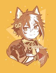  1boy :3 animal_ears brown_theme closed_mouth commentary dog_boy dog_ears english_commentary genshin_impact gorou_(genshin_impact) hair_ornament knot looking_at_viewer looking_to_the_side male_focus monochrome multicolored_hair neck_tassel paw_print pom_pom_(clothes) sandragh solo streaked_hair upper_body 