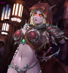  armor bikini_armor bow breasts colored_skin elf esther_shen fantasy female gauntlets glowing glowing_eyes hood long_eyebrows long_hair long_pointy_ears navel pointy_ears purple_skin red_eyes solo stomach sylvanas_windrunner undead warcraft world_of_warcraft 