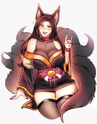  :d animal_ear_fluff animal_ears arm_support artist_name bare_shoulders black_hair black_kimono black_nails breasts collarbone commentary cropped_legs curvy dress english_commentary fangs female fingernails fox_ears fox_girl fox_shadow_puppet fox_tail gradient_background grey_background hand_up highres iahfy indie_virtual_youtuber japanese_clothes kimono kitsune large_breasts long_fingernails long_hair long_sleeves looking_at_viewer multiple_tails obi off_shoulder open_mouth parted_bangs right-over-left_kimono saeko_kitsune sash short_dress short_kimono signature simple_background smile solo sparkle tail thick_thighs thighs virtual_youtuber white_background wide_hips wide_sleeves yellow_eyes zettai_ryouiki 