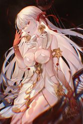  armlet bare_shoulders bracelet breasts chains cleavage colored_skin daeraeband durga_(fate) earrings fate/grand_order fate_(series) feet_out_of_frame female gold_chain gradient_skin hair_ribbon highres jewelry large_breasts long_hair looking_at_viewer open_mouth red_eyes red_ribbon red_skin revealing_clothes ribbon ring sitting snake solo very_long_hair white_hair white_snake 