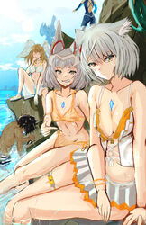  2boys 4girls animal_ears bikini blue_sky breasts brown_hair cat_ears chest_jewel cleavage eunie_(xenoblade) feathered_wings grey_hair head_wings highres lanz_(xenoblade) looking_at_viewer mio_(xenoblade) multiple_boys multiple_girls nia_(xenoblade) official_alternate_costume partially_submerged sena_(xenoblade) shindayomon sitting sky smile swimsuit taion_(xenoblade) water wings xenoblade_chronicles_(series) xenoblade_chronicles_3 yellow_eyes 