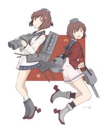  2girls binoculars black_sailor_collar brown_eyes brown_hair brown_neckerchief cherry_blossoms commentary_request dress dual_persona flower grey_neckerchief hair_flower hair_ornament headgear hikashima_(shiofune) kantai_collection machinery multiple_girls neckerchief red_shirt rudder_footwear sailor_collar sailor_dress sailor_shirt shirt short_hair speaking_tube_headset tan_yang_(kancolle) white_dress yukikaze_(kancolle) yukikaze_kai_ni_(kancolle) 