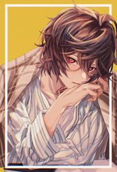  1boy bad_id bad_pixiv_id book brown_hair brown_jacket closed_mouth granblue_fantasy hair_between_eyes holding holding_pen jacket jacket_on_shoulders looking_at_viewer male_focus messy_hair omotim000 open_book pen red_eyes sandalphon_(granblue_fantasy) shirt short_hair solo upper_body white_shirt 