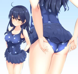  adjusting_clothes adjusting_swimsuit ahoge ass black_hair blue_background blue_one-piece_swimsuit blue_skirt breasts brown_eyes casual_one-piece_swimsuit collarbone female gradient_background hair_between_eyes highres kantai_collection large_breasts lips long_hair looking_away multiple_views ochikata_kage one-piece_swimsuit polka_dot polka_dot_swimsuit ribbon school_uniform serafuku skirt smile swimsuit ushio_(kancolle) ushio_(swimsuit_mode)_(kancolle) white_background 