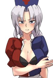  asymmetrical_clothes black_bra blue_eyes blush bra breast_hold breasts cleavage female grey_hair hat kikoka_(mizuumi) long_hair looking_at_viewer nurse_cap open_clothes solo touhou underwear upper_body yagokoro_eirin 