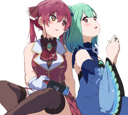  2girls ascot bad_id bad_pixiv_id bare_shoulders blue_dress blue_sleeves blush breasts brown_legwear commentary_request detached_sleeves dress gloves green_hair hair_between_eyes hair_bun heterochromia highres holding hololive houshou_marine houshou_marine_(1st_costume) icehotmilktea juliet_sleeves long_sleeves looking_at_another looking_away looking_back medium_breasts multiple_girls nintendo_switch parted_lips pleated_skirt puffy_sleeves red_ascot red_eyes red_hair red_shirt red_skirt shirt simple_background single_hair_bun single_side_bun skirt sleeveless sleeveless_dress sleeveless_shirt thighhighs twintails uruha_rushia uruha_rushia_(1st_costume) virtual_youtuber white_background white_gloves yellow_eyes 