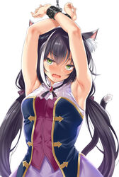  animal_ear_fluff animal_ears armpits arms_up bare_shoulders black_hair blush bondage bondage bound bound_arms breasts cat_ears cat_girl cat_tail chained chains cle_masahiro commentary_request cowboy_shot dress female green_eyes highres karyl_(princess_connect!) long_hair looking_at_viewer low_twintails multicolored_clothes multicolored_dress multicolored_hair oerba_yun_fang open_mouth princess_connect! simple_background skin_fang sleeveless sleeveless_dress small_breasts solo streaked_hair tail twintails v-shaped_eyebrows very_long_hair white_background white_hair 