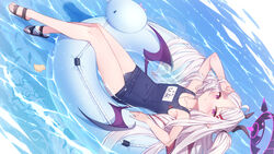  afloat armpits blue_archive chinese_commentary collarbone commentary_request demon_girl demon_horns demon_wings female forehead full_body hair_ornament hair_spread_out hairclip halo hand_on_own_head hand_up highres hina_(blue_archive) hina_(swimsuit)_(blue_archive) horns lifebuoy long_hair looking_at_viewer lying name_tag ocean official_alternate_costume old_school_swimsuit on_back one_side_up parted_bangs parted_lips pointy_ears purple_eyes sand school_swimsuit sidelocks sleeveless solo swim_ring swimsuit very_long_hair wet wet_clothes wet_swimsuit whistle whistle_around_neck white_hair wings yellowpaint. 