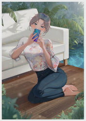  absurdres barefoot blue_eyes blush brown_hair cellphone couch covering_face denim female floral_print garden highres jeans leaning_on_object looking_at_viewer md5_mismatch mole mole_under_eye original pants phone plant qizhu shirt short_hair sitting smartphone tied_hair toes water wide_sleeves wooden_floor 