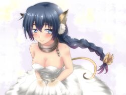  animal_ears bare_shoulders blue_eyes blue_hair blush braid breasts bride cat_ears cat_girl cat_tail cleavage closed_mouth collar commentary_request dress female karulau large_breasts long_hair metal_collar rody_(hayama_yuu) smile solo tail utawarerumono wedding_dress white_dress 