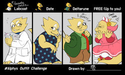  alphys anthro barefoot bell blush bottomwear breasts buckteeth claws clenched_teeth closed_eyes clothed clothing coat cosplay deltarune dialogue dress dress_shirt embarrassed english_text eyewear fake_cat_ears fake_ears feet female glasses hi_res jacket japanese_text lab_coat looking_at_viewer looking_away mew_mew_(undertale) mew_mew_kissy_cutie multiple_outfits necktie non-mammal_breasts one_eye_closed pants reptile scales scalie shirt signature solo standing stuttering tail teeth text thick_tail topwear undertale undertale_(series) xiang_doodle yellow_body yellow_scales 