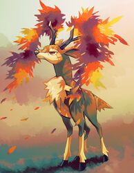  antlers closed_mouth commentary_request deer falling_leaves full_body fusenryo highres horns leaf looking_up no_humans pokemon pokemon_(creature) sawsbuck sawsbuck_(autumn) solo standing 