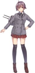  black_thighhighs brown_eyes brown_footwear buttons coat female full_body grey_coat hair_between_eyes kantai_collection konishi_(koconatu) long_sleeves official_art over-kneehighs pleated_skirt purple_hair red_skirt sakawa_(kancolle) shoes short_hair skirt solo standing tachi-e thighhighs transparent_background 