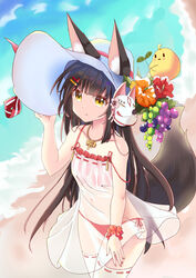  :t absurdres adjusting_clothes adjusting_headwear animal_ears azur_lane bare_shoulders beach bird black_hair blunt_bangs blurry chick collarbone commentary_request covered_navel date_shichuan_majiang depth_of_field female flower food fox_ears fox_girl fox_mask fox_tail from_above fruit grapes hair_ornament hairclip hat hat_flower hat_ornament highres jewelry long_hair looking_at_viewer looking_up manjuu_(azur_lane) mask mask_on_head nagato_(azur_lane) nagato_(great_fox&#039;s_respite)_(azur_lane) necklace ocean official_alternate_costume panties pout red_panties ribbon-trimmed_legwear ribbon_trim scrunchie see-through side-tie_panties sidelocks spaghetti_strap sun_hat tail thighhighs underwear white_thighhighs wrist_scrunchie yellow_eyes 