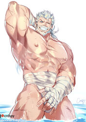  1boy abs absurdres arm_behind_head armpits bad_id bad_pixiv_id bandaged_arm bandages bara beard bulge covering_crotch covering_privates crrispy_shark facial_hair granblue_fantasy grin highres large_pectorals loincloth long_hair looking_at_viewer male_focus mature_male midriff_sarashi moustache muscular muscular_male nipples official_alternate_costume old old_man one_eye_closed paid_reward_available partially_submerged pectorals ponytail presenting_armpit sarashi scar scar_on_arm scar_on_chest scar_on_leg smile solo soriz standing stomach thick_thighs thighs topless_male water water_drop wet white_hair wrinkled_skin 