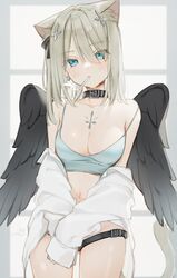  angel_wings animal_ears bare_shoulders blue_eyes breasts camisole cat_ears cat_girl cat_tail choker cigarette cleavage collarbone cowboy_shot crop_top earrings extra_ears fallen_angel feathered_wings female grey_hair hair_between_eyes hair_ornament hair_ribbon highres jacket jewelry kinako_(shiratama_mochi) long_hair long_sleeves looking_at_viewer medium_breasts midriff navel off_shoulder one_side_up original ribbon shirt sleeveless sleeveless_shirt smoking solo spaghetti_strap tail thigh_strap thighs white_jacket wings 