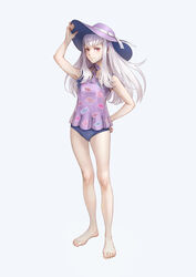  absurdres alternate_costume barefoot blue_one-piece_swimsuit candy_print commentary dress feet female fire_emblem fire_emblem:_three_houses hand_on_headwear hand_on_own_hip hat highres kazuko_(towa) long_hair lysithea_von_ordelia one-piece_swimsuit pink_eyes purple_dress purple_hat simple_background smile solo sun_hat swimsuit swimsuit_under_clothes toes white_background white_hair 