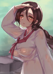  arm_up black_hair blurry blush braid braided_ponytail breasts chamame covered_nipples depth_of_field dress female hair_between_eyes half-closed_eyes hanbok hand_up highres jeogori_(clothes) keumran_(last_origin) korean_clothes korean_commentary last_origin long_sleeves looking_at_viewer medium_breasts neck_ribbon official_alternate_costume red_ribbon ribbon see-through see-through_dress shaded_face shading_eyes skin_tight solo stone sweatdrop upper_body wet wet_clothes 