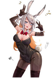  :d absurdres animal_ear_fluff animal_ears arknights black_gloves black_legwear bow bowtie breasts carrot collar colored_inner_hair commentary detached_collar double_w elbow_gloves emphasis_lines female fishnet_pantyhose fishnets flying_sweatdrops gloves grey_hair highres jumbowhopper large_breasts looking_at_viewer multicolored_hair open_mouth orange_hair pantyhose playboy_bunny purple_eyes rabbit_ears rabbit_girl rabbit_tail red_bow red_bowtie savage_(arknights) simple_background smile solo tail thighhighs thighhighs_over_pantyhose two_side_up w white_background white_collar white_wristband 