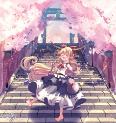  :d barefoot bow cherry_blossoms closed_eyes closed_mouth commentary cube cuffs facing_viewer female full_body gourd gradient_sky hairbow highres horns ibuki_suika kemo_chiharu light_rays long_hair low-tied_long_hair open_mouth orange_hair orb outdoors pointy_ears purple_skirt pyramid_(geometry) red_bow ribbon-trimmed_skirt ribbon_trim shackles shirt signature skirt sky smile solo stairs standing standing_on_one_leg torii torn_clothes torn_sleeves touhou very_long_hair white_shirt wrist_cuffs 