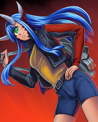  bag belt blue_hair blue_shorts cacodemon commentary cropped_jacket cyclops demon_girl doom_(series) female gradient_background green_eyes hand_on_own_hip highres horns jacket light_smile long_hair long_sleeves multiple_horns one-eyed open_clothes open_jacket personification pointy_ears scales shorts sidelocks simple_background solo substance20 