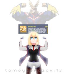  &gt;:( 1boy absurdres all_might artist_name azur_lane bataan_(azur_lane) black_legwear blonde_hair blue_eyes boku_no_hero_academia breasts closed_eyes commentary cowboy_shot crossover english_commentary female flexing gameplay_mechanics gloves grin highres legs_apart long_sleeves medium_breasts necktie pantyhose pose red_necktie serious short_hair shorts smile teeth tomoyaokazaki13 trait_connection v-shaped_eyebrows white_gloves white_shorts 