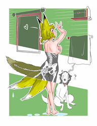  ? absurdres animal_ears ass barefoot blonde_hair blue_eyes box breasts canine completely_nude covering_breasts covering_privates crossed_legs doitsuken female fox_ears fox_shadow_puppet fox_tail hand_up heart highres horns indoors looking_at_viewer looking_back medium_breasts multiple_tails nude original skeleton skull solo standing tail thigh_gap water_drop wet x-ray 