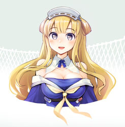  blonde_hair blue_eyes blue_shirt blush breasts cleavage commentary_request cropped_torso double_bun female fletcher_(kancolle) gradient_background green_background hair_bun hairband kantai_collection kou1 large_breasts long_hair neckerchief off-shoulder_shirt off_shoulder open_mouth sailor_collar shirt sidelocks simple_background solo upper_body white_sailor_collar yellow_neckerchief 