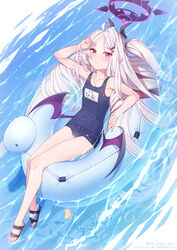  afloat armpits blue_archive chinese_commentary collarbone commentary_request demon_girl demon_horns demon_wings female forehead full_body hair_ornament hair_spread_out hairclip halo hand_on_own_head hand_up highres hina_(blue_archive) hina_(swimsuit)_(blue_archive) horns lifebuoy long_hair looking_at_viewer lying name_tag ocean official_alternate_costume old_school_swimsuit on_back one_side_up parted_bangs parted_lips pointy_ears purple_eyes sand school_swimsuit sidelocks sleeveless solo swim_ring swimsuit very_long_hair wet wet_clothes wet_swimsuit whistle whistle_around_neck white_hair wings yellowpaint. 