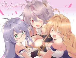  3girls ahoge anniversary azur_lane bare_shoulders blonde_hair blush breasts cleavage commentary_request creator_connection glasses green_eyes grenville_(azur_lane) hair_ornament highres l&#039;opiniatre_(azur_lane) large_breasts le_temeraire_(azur_lane) long_hair looking_at_viewer multicolored_hair multiple_girls one_side_up open_mouth purple_hair red_eyes small_breasts smile tonchinkan very_long_hair 