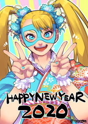  2020 blonde_hair blue_eyes blue_kimono commentary_request double_v female floral_print flower hair_flower hair_ornament hair_pulled_back happy_new_year japanese_clothes kimono long_hair looking_at_viewer mask multicolored_nails nail_polish new_year obi partial_commentary rainbow_mika sash smile solo street_fighter street_fighter_v teko_(tawake) twintails v wrestling_mask wrist_cuffs 