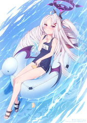  3: afloat armpits blue_archive blush chinese_commentary collarbone commentary_request demon_girl demon_horns demon_wings female forehead full_body hair_ornament hair_spread_out hairclip halo highres hina_(blue_archive) hina_(swimsuit)_(blue_archive) horns lifebuoy long_hair looking_at_viewer lying name_tag ocean official_alternate_costume old_school_swimsuit on_back one_side_up parted_bangs parted_lips pointy_ears purple_eyes sand school_swimsuit sidelocks sleeveless solo swim_ring swimsuit very_long_hair wet wet_clothes wet_swimsuit whistle whistle_around_neck white_hair wings yellowpaint. 