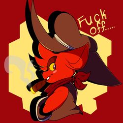  1:1 absurd_res anthro bandana blush choco_bunbun cigar clothing cowboy_hat demon embarrassed english_text gremile_&#039;hotshot&#039; hat headgear headwear hi_res horn imp kerchief kings_of_hell male red_eyes smoking solo text yellow_sclera 