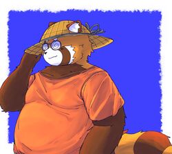  2023 absurd_res ailurid anthro bari_mu belly big_belly brown_body brown_fur clothing eyewear fur glasses hat headgear headwear hi_res humanoid_hands kemono male mammal overweight overweight_male red_panda shirt solo straw_hat topwear 