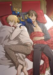  2boys alternate_costume animal barefoot bed blanket blonde_hair brown_hair earrings fate/grand_order fate_(series) full_body gilgamesh_(fate) jewelry male_focus meiji_(meiji770) multiple_boys necklace official_alternate_costume open_clothes open_shirt ozymandias_(fate) pillow sleeping sphinx sphinx_awlad 