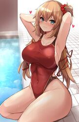  akai_haato armpits arms_behind_head blonde_hair blue_eyes breasts competition_swimsuit covered_navel curvy female hair_between_eyes hair_ornament hair_ribbon heart heart_hair_ornament highres hololive kihou_no_gotoku_dmc large_breasts long_hair looking_at_viewer one-piece_swimsuit one_side_up pool red_one-piece_swimsuit red_ribbon ribbon sitting solo swimsuit thighs virtual_youtuber water wet 