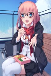  act_(xadachit) bag bento black_jacket black_skirt blue_eyes blue_sky chopsticks commentary day female fence food girls&#039;_frontline glasses hair_ornament highres holding holding_chopsticks incoming_food jacket long_hair looking_at_viewer miniskirt multicolored_hair open_clothes open_jacket open_mouth outdoors pink_hair red_scarf scarf school_uniform shirt sitting skirt sky solo st_ar-15_(girls&#039;_frontline) streaked_hair thighhighs white_shirt white_thighhighs 