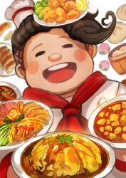  1boy brown_hair chiko_(d04099) closed_eyes danganronpa_(series) danganronpa_2:_goodbye_despair dumpling food fruit hanamura_teruteru hat jiaozi lemon male_focus medium_hair mini_hat neckerchief open_mouth red_neckerchief round_teeth simple_background smile solo teeth upper_body upper_teeth_only white_background white_hat 