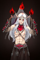  1boy abs absurdres blood_elf_(warcraft) chains gauntlets gloves highres holding holding_chain kael&#039;thas_sunstrider long_hair male_focus menhou red_eyes skirt warcraft white_hair world_of_warcraft 