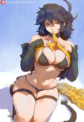  bare_shoulders belt bikini black_belt black_bikini black_collar black_eyes black_hair black_shirt borrowed_character breasts closed_mouth collar collarbone commentary cross cross_necklace cutesexyrobutts english_commentary female hair_between_eyes highres jewelry large_breasts long_sleeves looking_at_viewer lucia_(scott_malin) mouth_hold navel necklace open_clothes open_shirt original patreon_username plaid plaid_skirt shirt short_hair sitting skirt smile solo swimsuit thighs unworn_belt unworn_skirt wariza yellow_skirt 