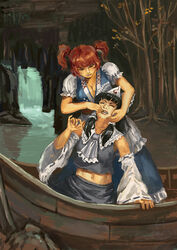  2girls alternate_color amibazh ascot black_hair blue_dress blue_kimono boat bow breasts brown_sash cleavage commentary_request crop_top detached_sleeves dress faux_traditional_media fine_art_parody grey_ascot grey_bow hair_bobbles hair_ornament hair_tubes hairbow hakurei_reimu japanese_clothes kimono long_hair medium_breasts midriff multiple_girls navel nontraditional_miko onozuka_komachi parody puffy_short_sleeves puffy_sleeves red_eyes red_hair ribbon-trimmed_sleeves ribbon_trim short_hair short_sleeves sidelocks skirt skirt_set sleeveless texture touhou tree triangular_headpiece two_side_up water watercraft waterfall 