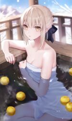  artoria_pendragon_(fate) bare_shoulders bath bathing blonde_hair braid braided_bun breasts collarbone fate/stay_night fate_(series) female food fruit fruit_on_liquid hair_bun hair_ribbon highres long_hair looking_at_viewer meltymaple naked_towel ofuro onsen outdoors ribbon saber_alter small_breasts solo steam towel water wet yellow_eyes yuzu_(fruit) yuzu_bath 