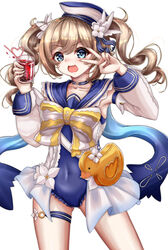  :d absurdres armpits bag barbara_(genshin_impact) barbara_(summertime_sparkle)_(genshin_impact) blue_eyes blue_one-piece_swimsuit casual_one-piece_swimsuit choker collarbone commentary_request crazy_straw cup detached_sleeves drill_hair drink drinking_glass drinking_straw duck_print female genshin_impact hair_between_eyes hair_ornament handbag hat heart_straw highres holding holding_cup light_brown_hair long_hair looking_at_viewer one-piece_swimsuit open_mouth pose sidelocks simple_background smile solo swimsuit tabunshake thigh_strap twin_drills twintails v white_background 