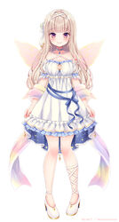  ankle_strap ayamo_nono blonde_hair blue_ribbon blunt_bangs choker cleavage_cutout clothing_cutout criss-cross_halter detached_sleeves dress fairy_wings female flower full_body hair_flower hair_ornament hairband halterneck high-low_skirt high_heels highres leg_ribbon long_hair looking_at_viewer nemuri_nemu official_art pink_eyes re:act ribbon rose shawl short_sleeves simple_background sleeveless sleeveless_dress smile solo straight-on virtual_youtuber white_background white_dress white_flower white_footwear white_hairband white_rose wings 