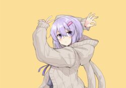  a.i._voice animal_ears animal_hood arms_up blush brown_cardigan cardigan commentary expressionless female from_side goodbye_sengen_(vocaloid) grey_shirt hair_ornament hairclip highres hood hooded_cardigan looking_at_viewer looking_to_the_side neck_ribbon ok_sign pose purple_eyes purple_hair purple_ribbon rabbit_ears rabbit_hood ribbon shirt short_hair solo upper_body v vocaloid voiceroid yellow_background yuzuki_yukari yuzuki_yukari_(shizuku) zooanime 