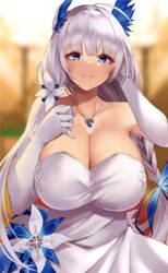  azur_lane bare_shoulders blue_eyes blush breasts cleavage collarbone dress elbow_gloves female gloves highres illustrious_(azur_lane) illustrious_(illustrious_ball)_(azur_lane) jewelry large_breasts long_hair looking_at_viewer mole mole_under_eye necklace official_alternate_costume smile solo wee_(weeyy) white_dress white_gloves white_hair 